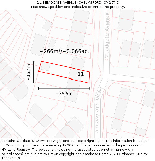 11, MEADGATE AVENUE, CHELMSFORD, CM2 7ND: Plot and title map