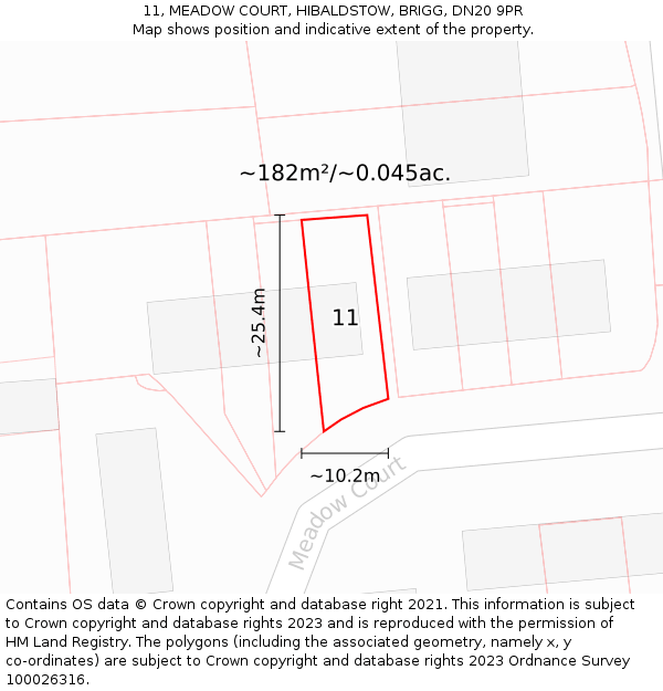 11, MEADOW COURT, HIBALDSTOW, BRIGG, DN20 9PR: Plot and title map