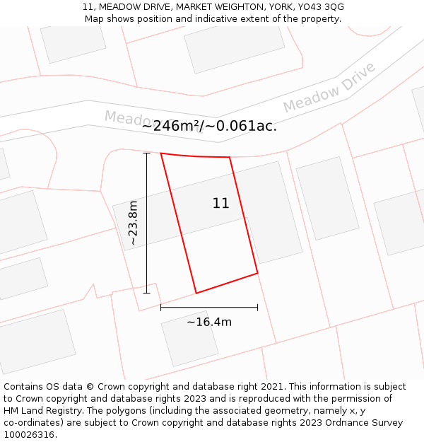 11, MEADOW DRIVE, MARKET WEIGHTON, YORK, YO43 3QG: Plot and title map