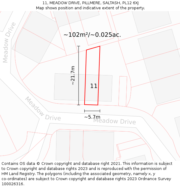 11, MEADOW DRIVE, PILLMERE, SALTASH, PL12 6XJ: Plot and title map