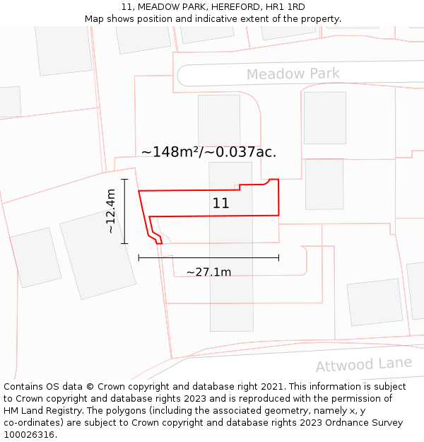 11, MEADOW PARK, HEREFORD, HR1 1RD: Plot and title map