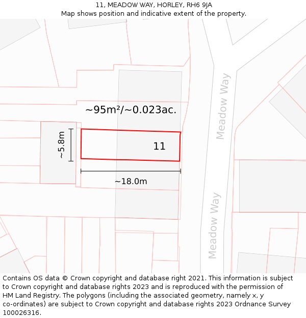 11, MEADOW WAY, HORLEY, RH6 9JA: Plot and title map