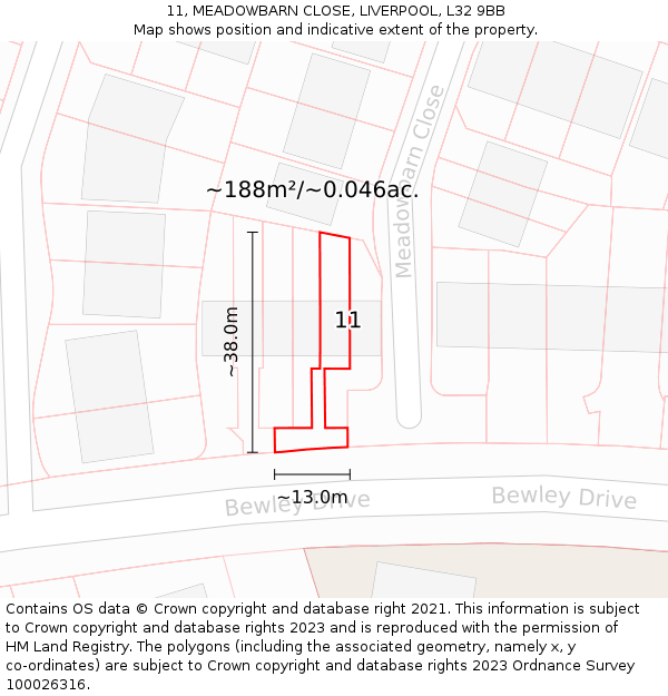 11, MEADOWBARN CLOSE, LIVERPOOL, L32 9BB: Plot and title map