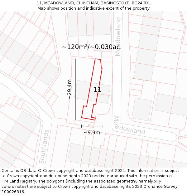 11, MEADOWLAND, CHINEHAM, BASINGSTOKE, RG24 8XL: Plot and title map