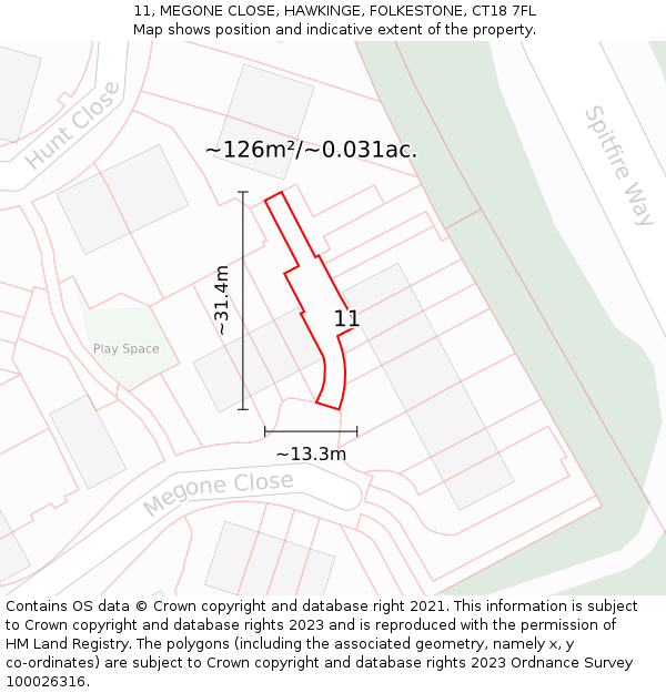 11, MEGONE CLOSE, HAWKINGE, FOLKESTONE, CT18 7FL: Plot and title map