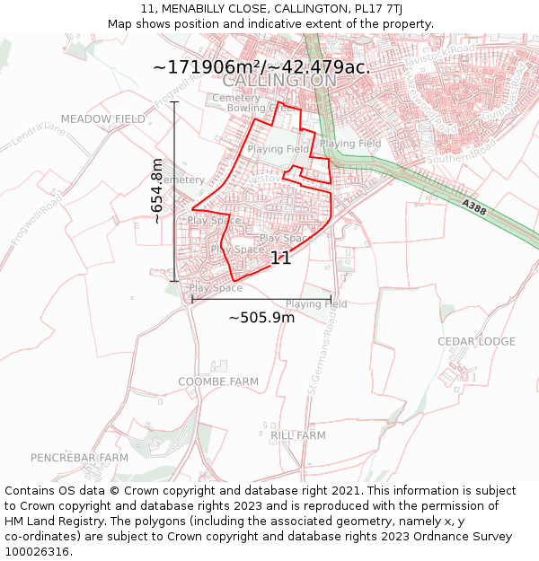 11, MENABILLY CLOSE, CALLINGTON, PL17 7TJ: Plot and title map