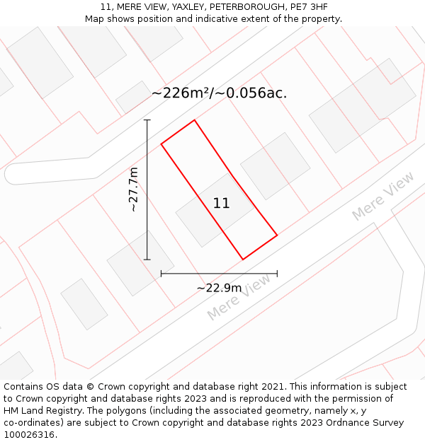 11, MERE VIEW, YAXLEY, PETERBOROUGH, PE7 3HF: Plot and title map