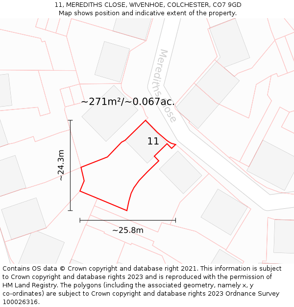 11, MEREDITHS CLOSE, WIVENHOE, COLCHESTER, CO7 9GD: Plot and title map