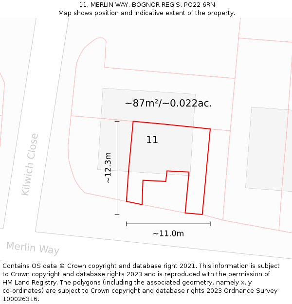 11, MERLIN WAY, BOGNOR REGIS, PO22 6RN: Plot and title map