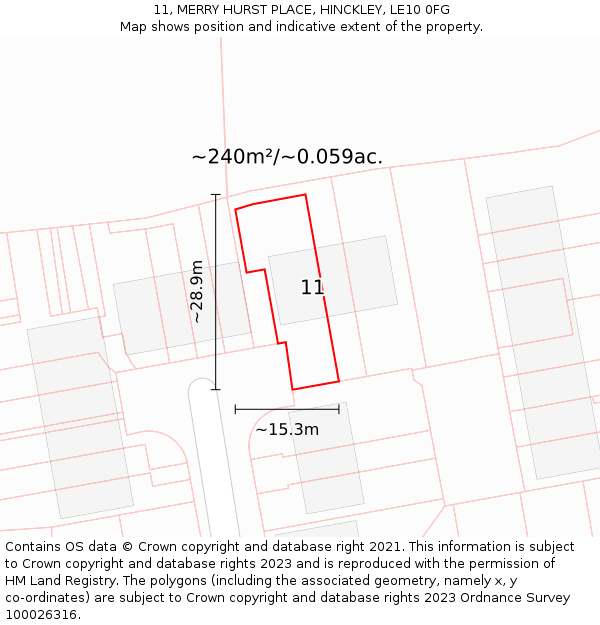 11, MERRY HURST PLACE, HINCKLEY, LE10 0FG: Plot and title map