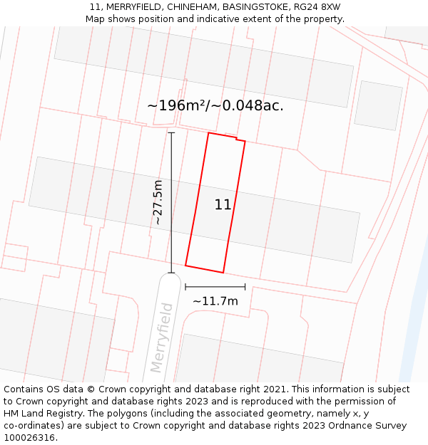 11, MERRYFIELD, CHINEHAM, BASINGSTOKE, RG24 8XW: Plot and title map