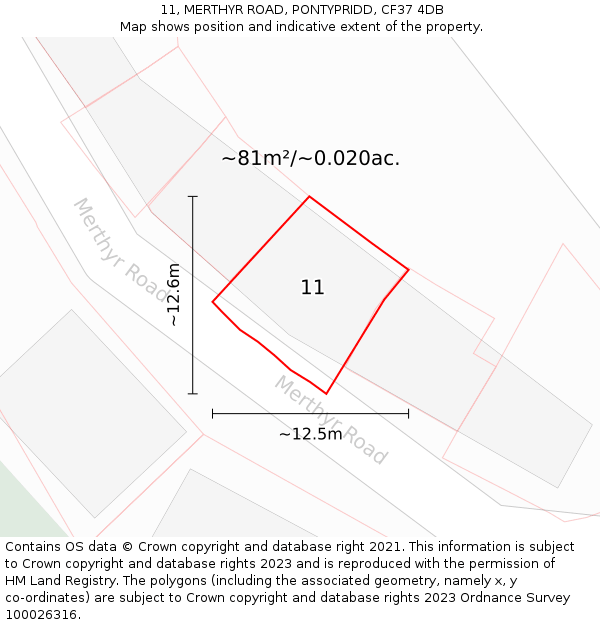 11, MERTHYR ROAD, PONTYPRIDD, CF37 4DB: Plot and title map
