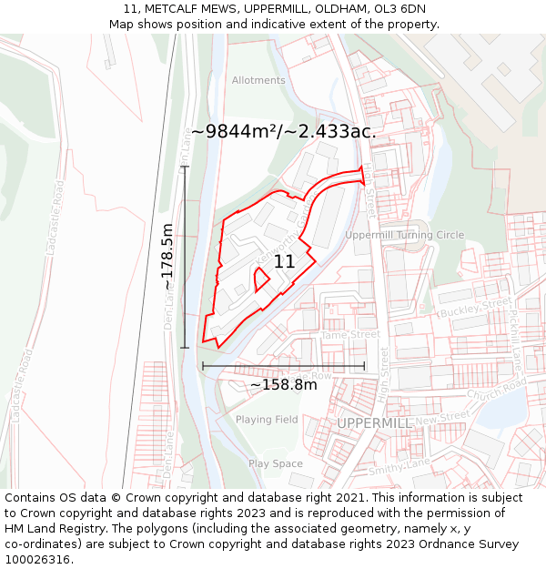 11, METCALF MEWS, UPPERMILL, OLDHAM, OL3 6DN: Plot and title map