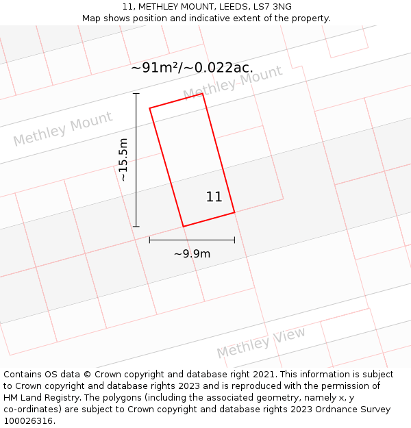 11, METHLEY MOUNT, LEEDS, LS7 3NG: Plot and title map