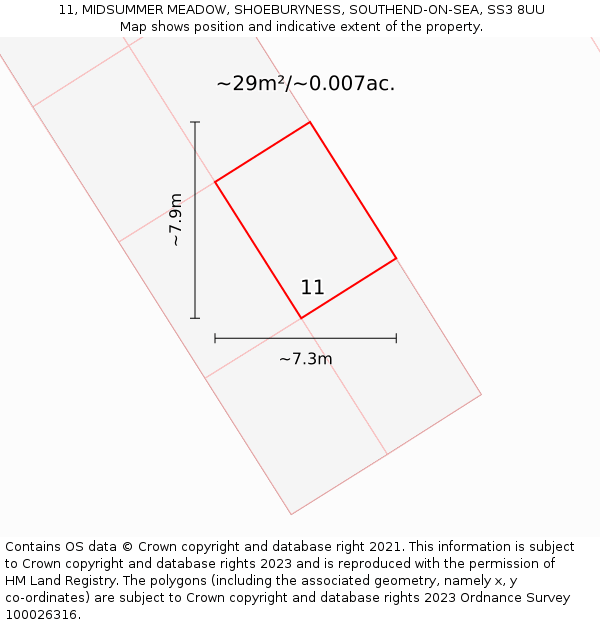 11, MIDSUMMER MEADOW, SHOEBURYNESS, SOUTHEND-ON-SEA, SS3 8UU: Plot and title map