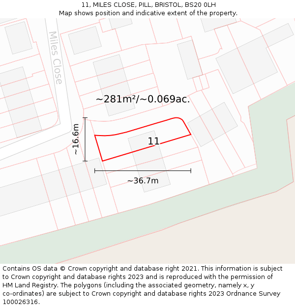 11, MILES CLOSE, PILL, BRISTOL, BS20 0LH: Plot and title map