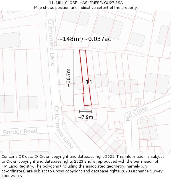 11, MILL CLOSE, HASLEMERE, GU27 1SA: Plot and title map