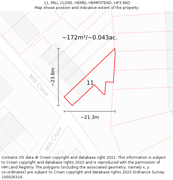 11, MILL CLOSE, HEMEL HEMPSTEAD, HP3 8AD: Plot and title map