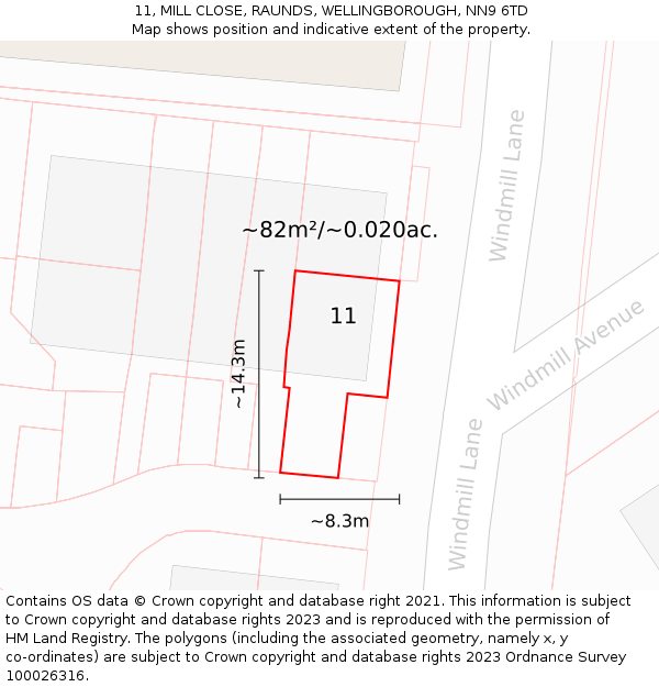 11, MILL CLOSE, RAUNDS, WELLINGBOROUGH, NN9 6TD: Plot and title map