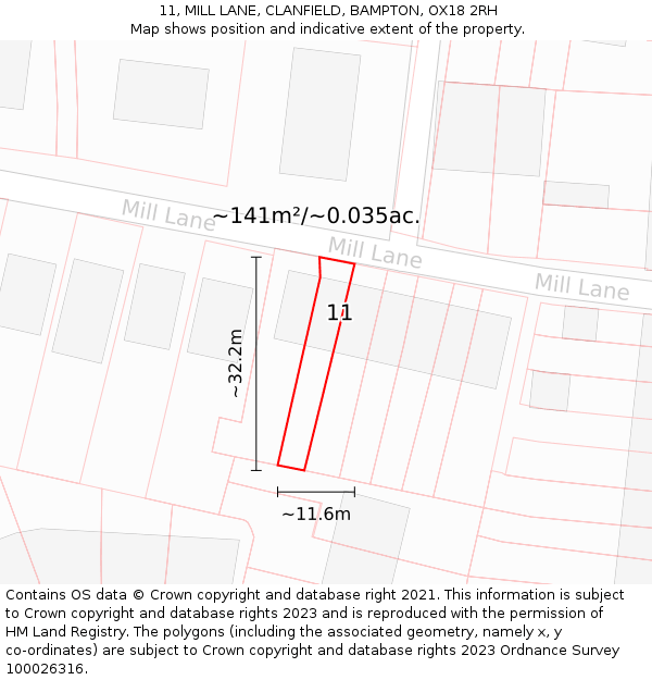 11, MILL LANE, CLANFIELD, BAMPTON, OX18 2RH: Plot and title map
