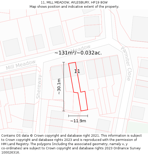 11, MILL MEADOW, AYLESBURY, HP19 8GW: Plot and title map
