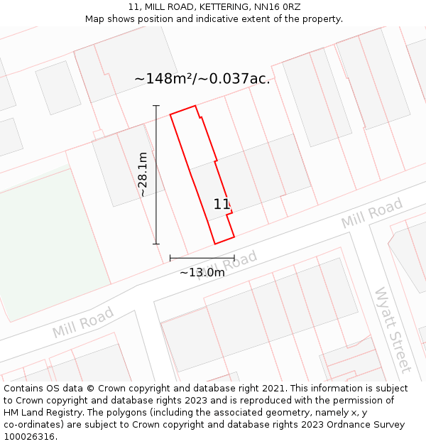 11, MILL ROAD, KETTERING, NN16 0RZ: Plot and title map