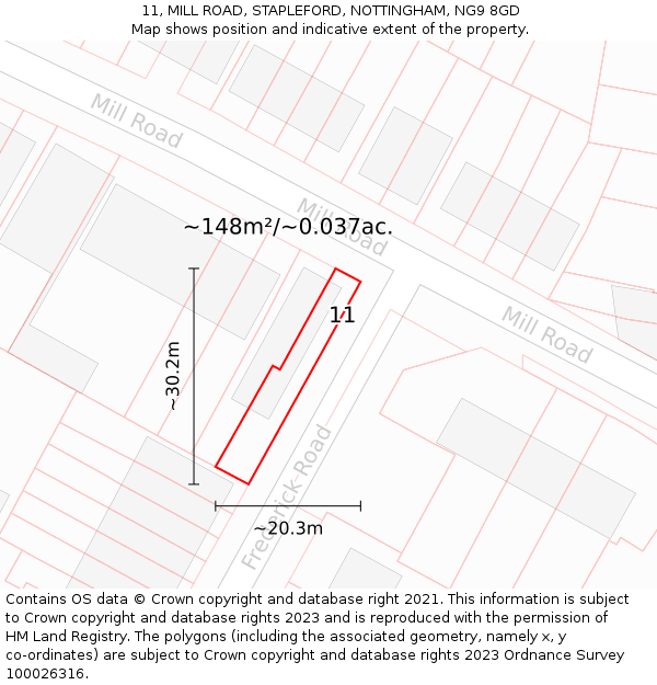 11, MILL ROAD, STAPLEFORD, NOTTINGHAM, NG9 8GD: Plot and title map
