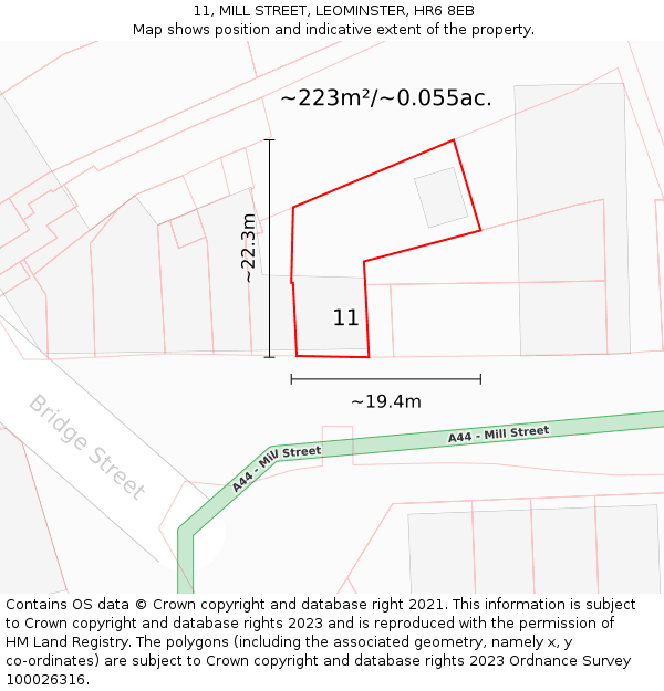 11, MILL STREET, LEOMINSTER, HR6 8EB: Plot and title map