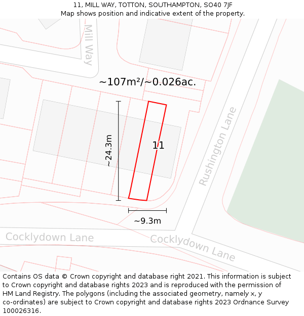 11, MILL WAY, TOTTON, SOUTHAMPTON, SO40 7JF: Plot and title map