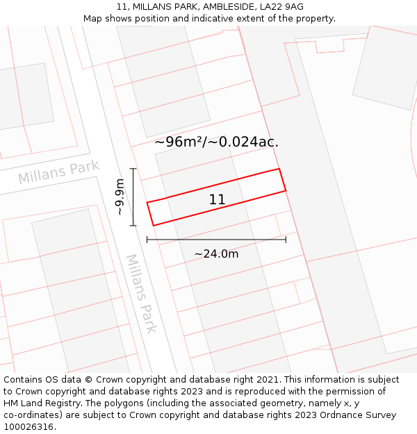 11, MILLANS PARK, AMBLESIDE, LA22 9AG: Plot and title map