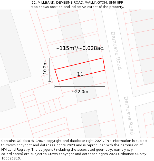 11, MILLBANK, DEMESNE ROAD, WALLINGTON, SM6 8PR: Plot and title map