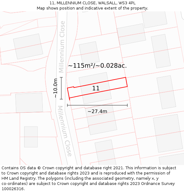 11, MILLENNIUM CLOSE, WALSALL, WS3 4PL: Plot and title map