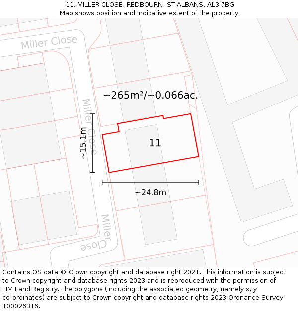 11, MILLER CLOSE, REDBOURN, ST ALBANS, AL3 7BG: Plot and title map