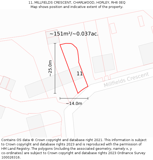 11, MILLFIELDS CRESCENT, CHARLWOOD, HORLEY, RH6 0EQ: Plot and title map