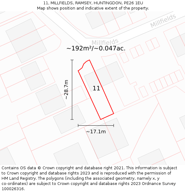 11, MILLFIELDS, RAMSEY, HUNTINGDON, PE26 1EU: Plot and title map