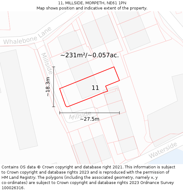 11, MILLSIDE, MORPETH, NE61 1PN: Plot and title map