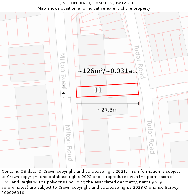 11, MILTON ROAD, HAMPTON, TW12 2LL: Plot and title map