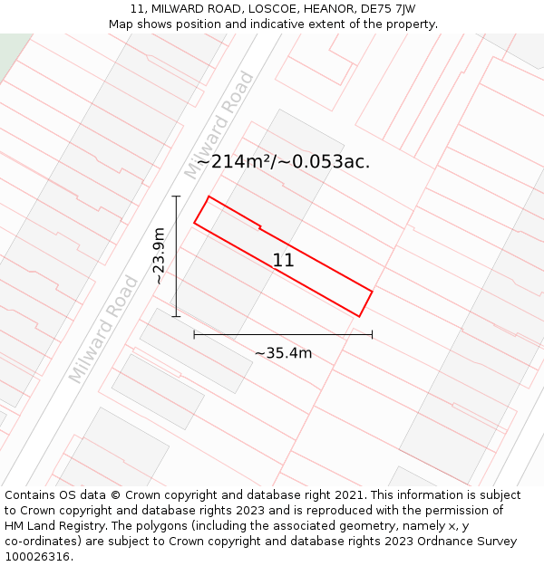 11, MILWARD ROAD, LOSCOE, HEANOR, DE75 7JW: Plot and title map