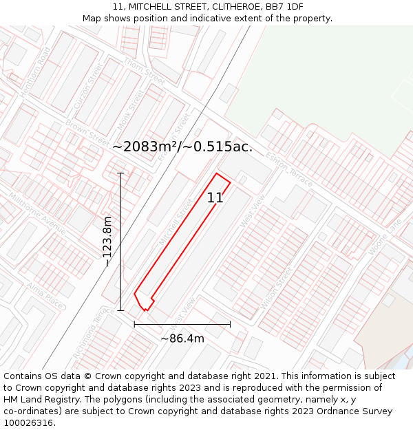 11, MITCHELL STREET, CLITHEROE, BB7 1DF: Plot and title map