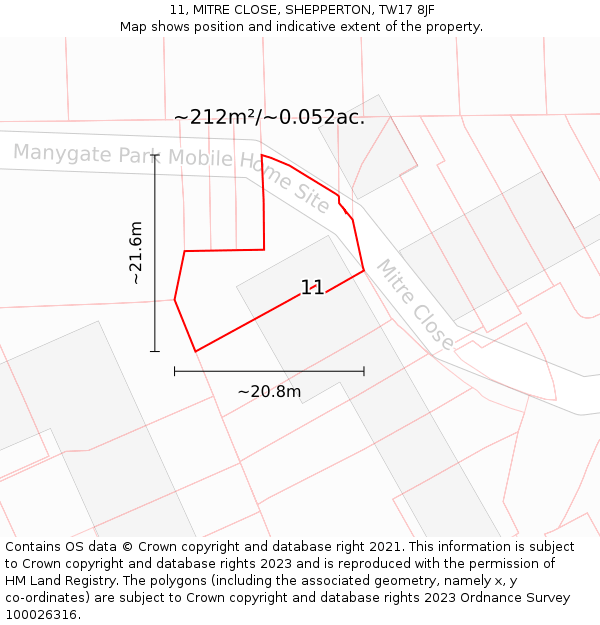 11, MITRE CLOSE, SHEPPERTON, TW17 8JF: Plot and title map