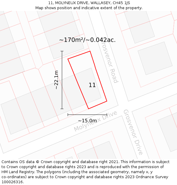 11, MOLYNEUX DRIVE, WALLASEY, CH45 1JS: Plot and title map
