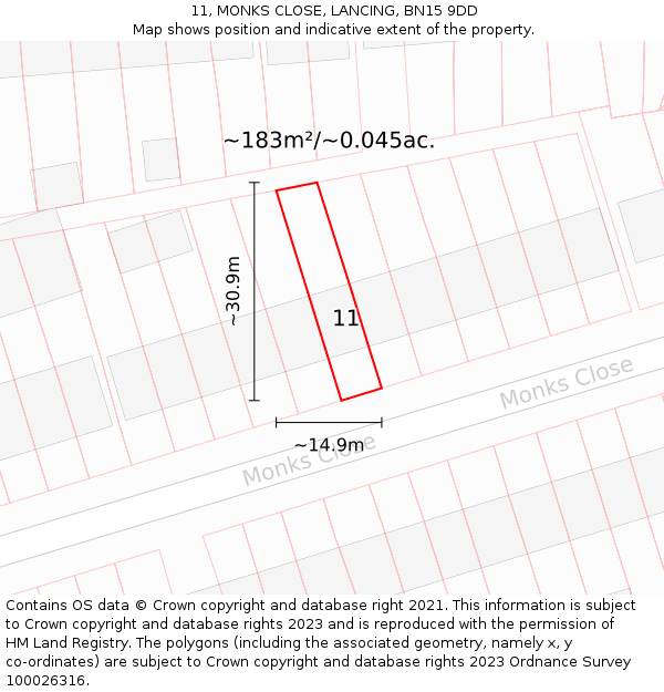 11, MONKS CLOSE, LANCING, BN15 9DD: Plot and title map