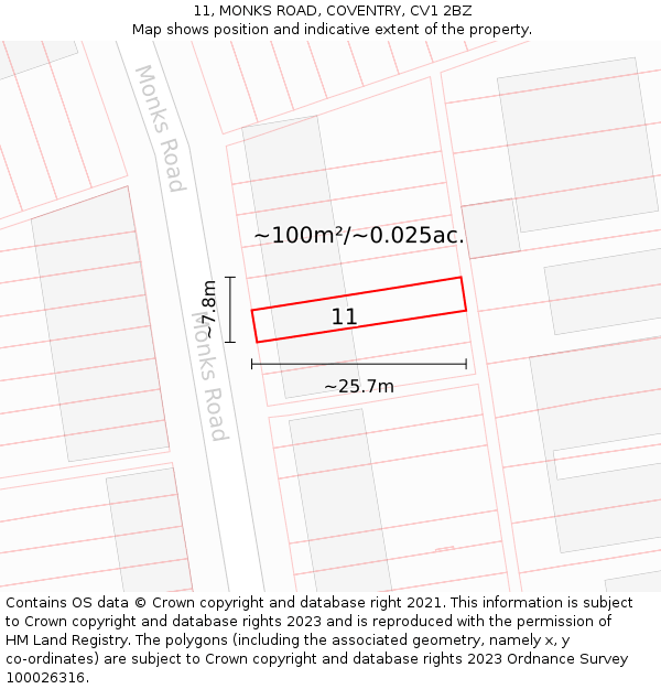 11, MONKS ROAD, COVENTRY, CV1 2BZ: Plot and title map