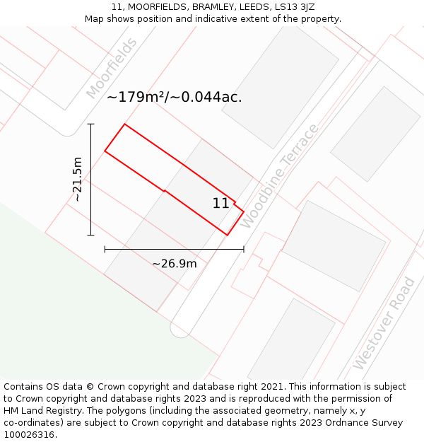 11, MOORFIELDS, BRAMLEY, LEEDS, LS13 3JZ: Plot and title map