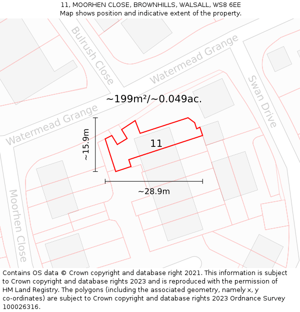 11, MOORHEN CLOSE, BROWNHILLS, WALSALL, WS8 6EE: Plot and title map