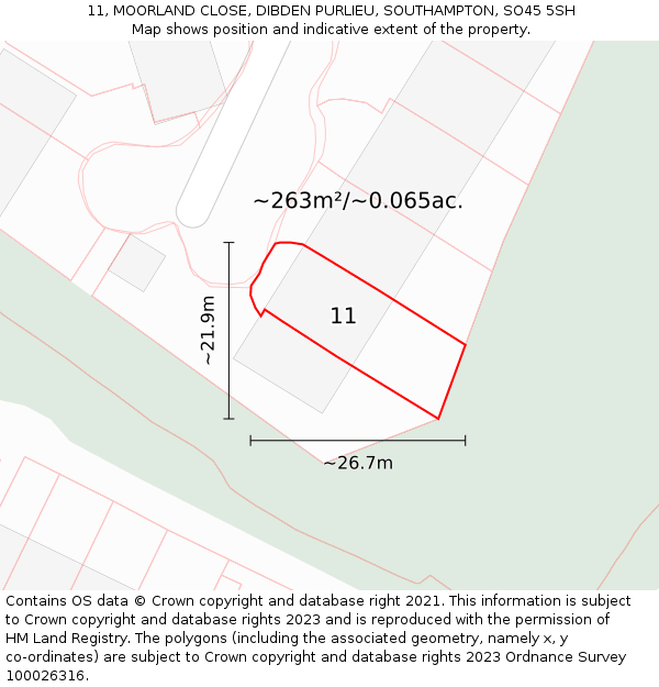 11, MOORLAND CLOSE, DIBDEN PURLIEU, SOUTHAMPTON, SO45 5SH: Plot and title map
