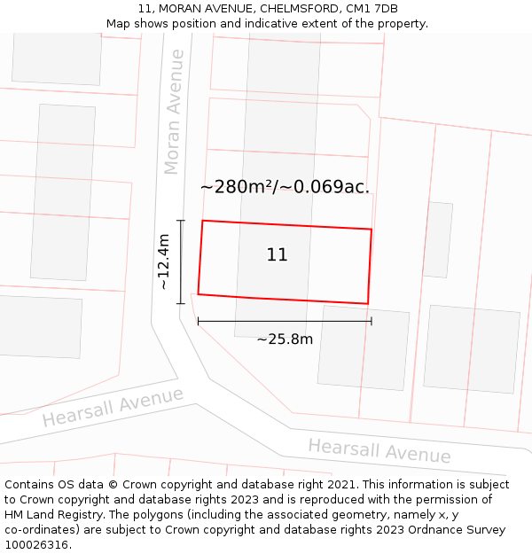 11, MORAN AVENUE, CHELMSFORD, CM1 7DB: Plot and title map