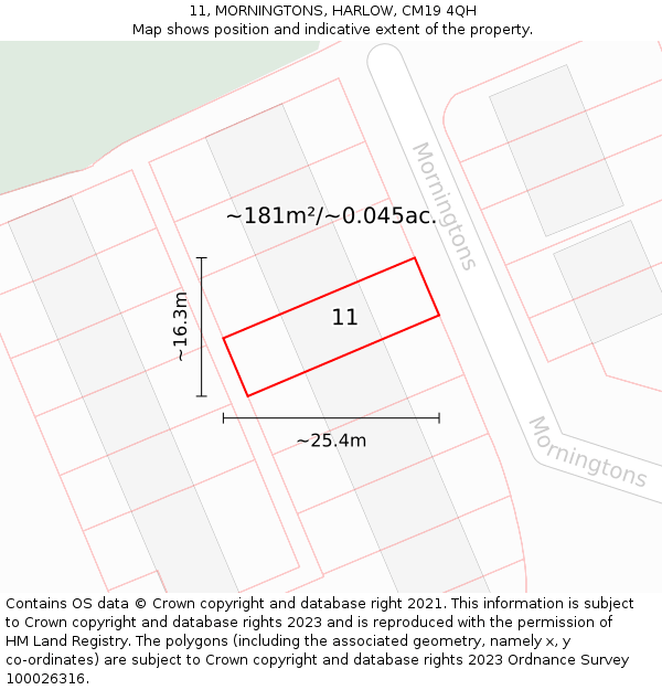 11, MORNINGTONS, HARLOW, CM19 4QH: Plot and title map