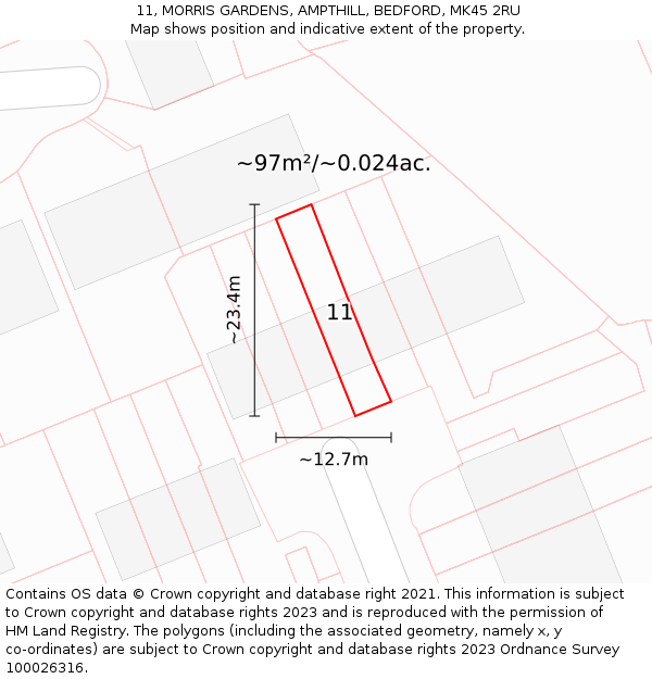11, MORRIS GARDENS, AMPTHILL, BEDFORD, MK45 2RU: Plot and title map