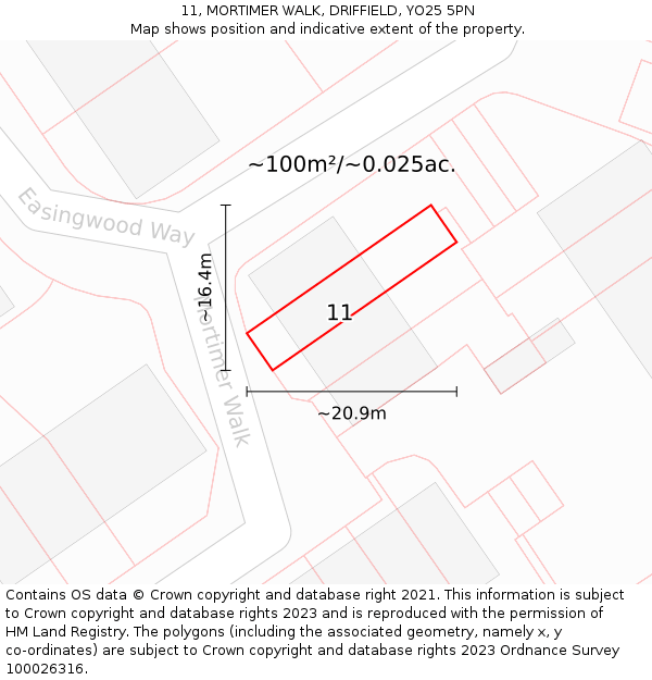 11, MORTIMER WALK, DRIFFIELD, YO25 5PN: Plot and title map